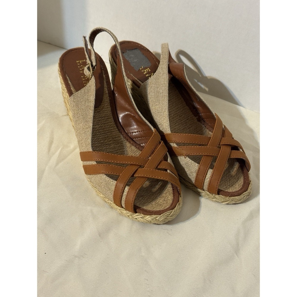 Lauren Ralph Lauren Candice‎ Wedge Sandals 8B Linen Leather Espadrille Tan